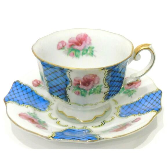 VTG Nippon Yoko Boeki TEA CUP & SAUCER SET Blue Fishnet Panel Pink Flower Japan - Picture 1 of 4